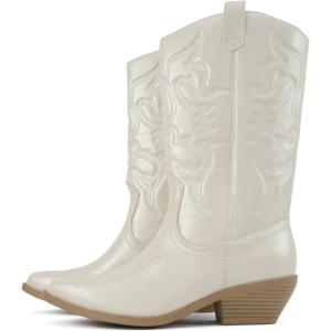 Soda “TELLER” ~ Women’s Western Cowboy Boots with Stitched Detailing, Pointed Toe, and Low Block Heel(R-pearl/White)