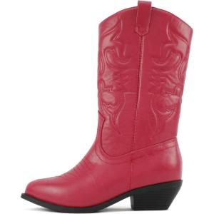 Soda “TELLER” ~ Women’s Western Cowboy Boots with Stitched Detailing, Pointed Toe, and Low Block Heel(R-red Pu)