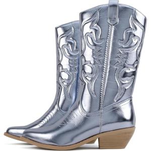 Soda “TELLER” ~ Women’s Western Cowboy Boots with Stitched Detailing, Pointed Toe, and Low Block Heel(R-sky Blue Met)