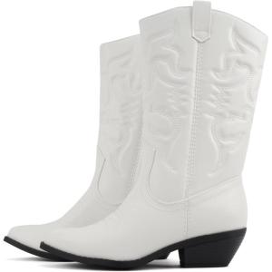 Soda “TELLER” ~ Women’s Western Cowboy Boots with Stitched Detailing, Pointed Toe, and Low Block Heel(R-wht/Blk)