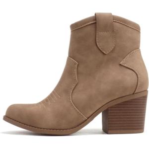 Soda “TELLER” ~ Women’s Western Cowboy Boots with Stitched Detailing, Pointed Toe, and Low Block Heel(Taupe Pu)