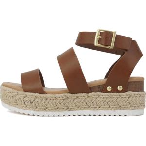 Soda Top Shoe Bryce Open Toe Buckle Ankle Strap Espadrilles Flatform Wedge Casual Sanda(Cognac Pu)