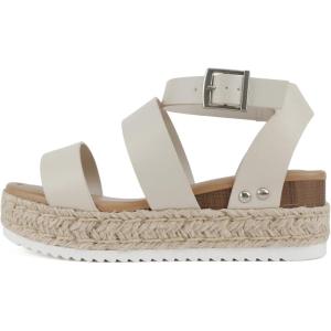 Soda Top Shoe Bryce Open Toe Buckle Ankle Strap Espadrilles Flatform Wedge Casual Sanda(Ivory Pu)
