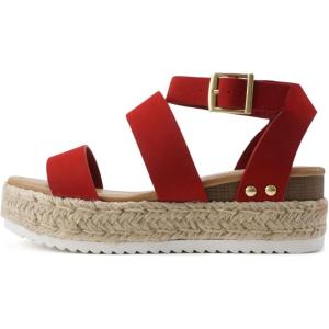 Soda Top Shoe Bryce Open Toe Buckle Ankle Strap Espadrilles Flatform Wedge Casual Sanda(Lipstick Nubuck)