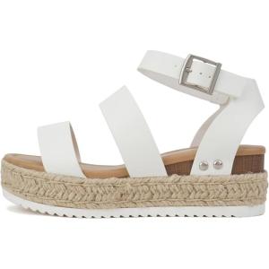 Soda Top Shoe Bryce Open Toe Buckle Ankle Strap Espadrilles Flatform Wedge Casual Sanda(White Pu)