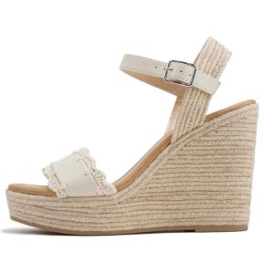 Soda “Virtual” ~ Women Square Toe Woven Single Band Espadrille Wedge Sandal with Adjustable Ankle Strap(Bone Pu)