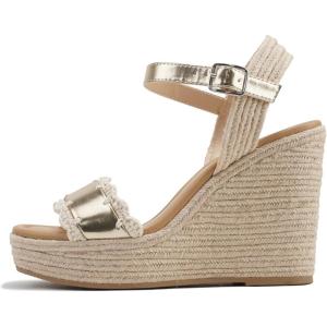 Soda “Virtual” ~ Women Square Toe Woven Single Band Espadrille Wedge Sandal with Adjustable Ankle Strap(Gold)