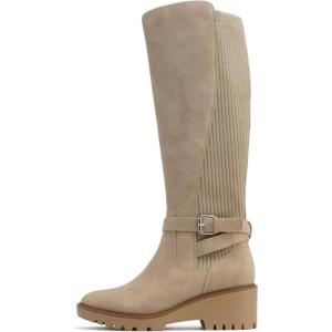 Soda “ZONE” ~ Women Round Toe Elastic Sweater Belted Strap Lug Sole Low Wedge Heel Knee-High Boot with Side Zipper(Beige Nubuck)