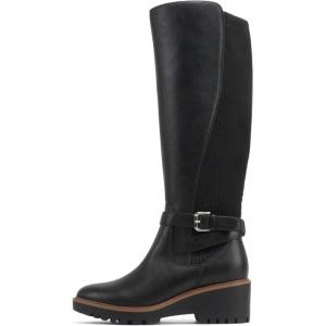 Soda “ZONE” ~ Women Round Toe Elastic Sweater Belted Strap Lug Sole Low Wedge Heel Knee-High Boot with Side Zipper(Black Pu)