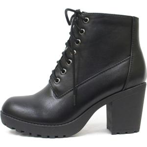 Soda Second Lug Sole Chunky Heel Combat Ankle Bootie Lace up w/Side Zipper