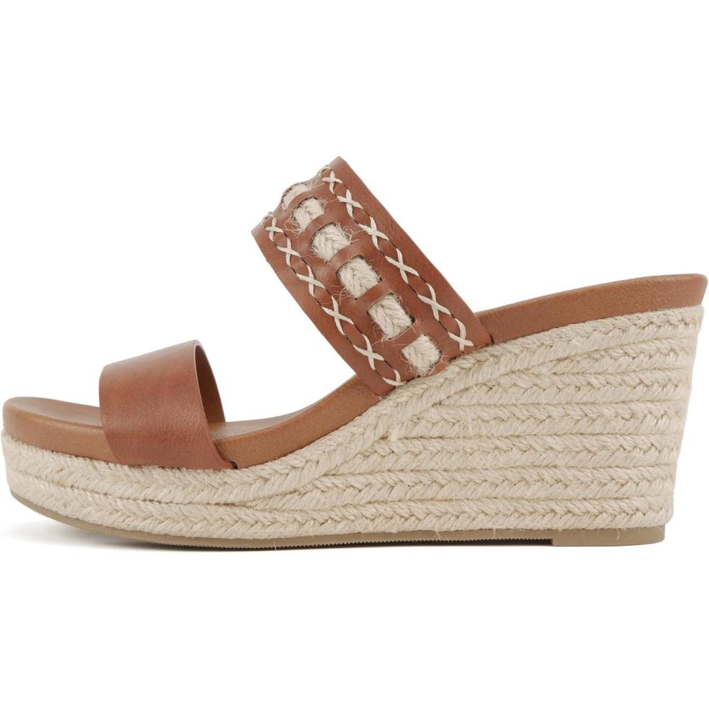 imageSoda Bow  Women Open Round Toe Double Strap Wedge SandalTan Pu