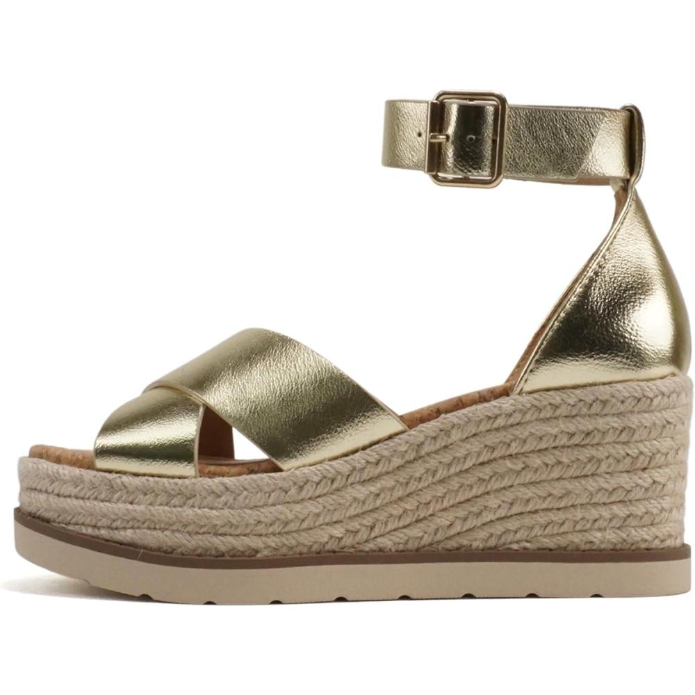 imageSoda Fabian  Women Square Toe Closed Back Counter Crisscross Band Platform Espadrille Wedge Sandals with Adjustable Ankle StrapGold