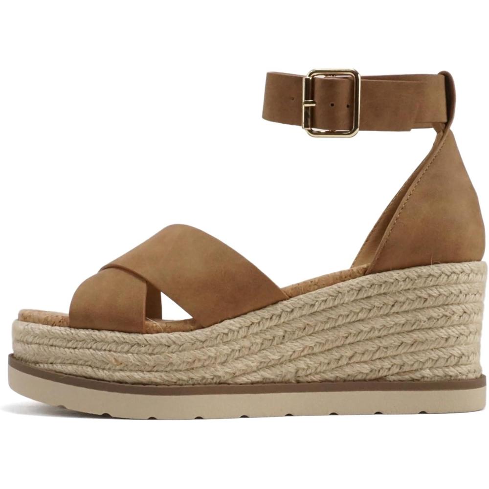 imageSoda Fabian  Women Square Toe Closed Back Counter Crisscross Band Platform Espadrille Wedge Sandals with Adjustable Ankle StrapLatte Nubuck