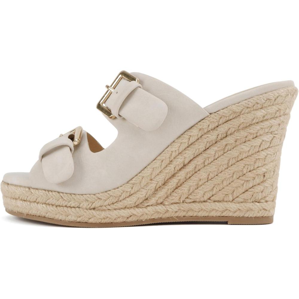 imageSoda Nakia  Women Open Round Toe Double Strap Wedge Sandal with Buckle ClosuresBeige Nubuck
