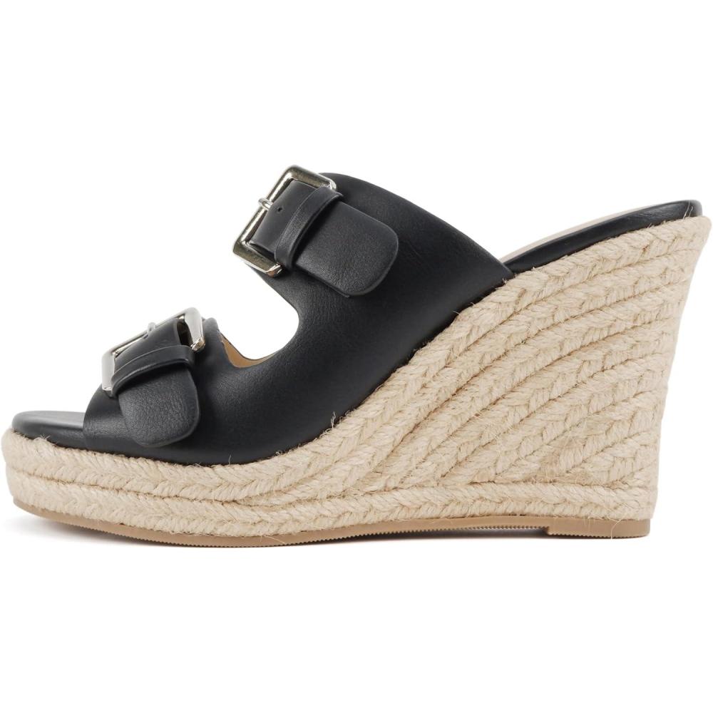 imageSoda Nakia  Women Open Round Toe Double Strap Wedge Sandal with Buckle ClosuresBlack Pu