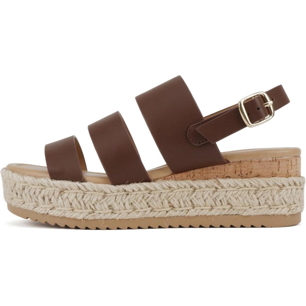 imageSoda Resin  Women Round Toe Multi Strap Low Heel Espadrille Wedge Sandal with Adjustable Ankle StrapBrown Pu