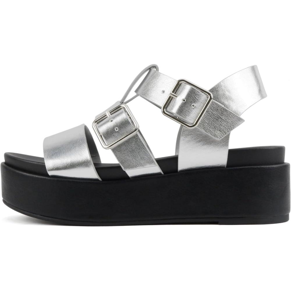 imageSoda STELLAR  Women Flatform Multi Strap Double Buckle Open Toe Ankle Strap Platform Wedge SandalsSilverBlack