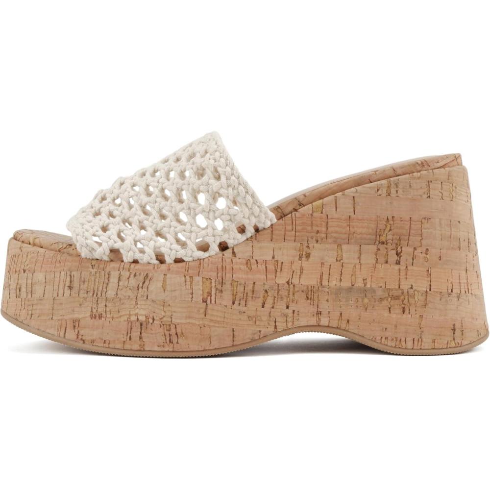 imageSoda Skewer  Women Open Square Toe Macrame Single Band High Heel Wedge SandalBeige