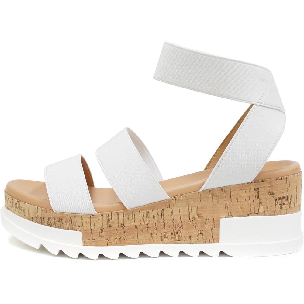 imageSoda Style Madyson  Slip On Open Toe Two Bands Elastic Ankle Strap Flatform Wedge Casual Fashion Sandal with Cork Wrap BottomWhite