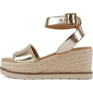 Soda “Laguna” ~ Women Square Toe Stitched Single Band Low Heel Espadrille Wedge Sandal with Adjustable Ankle Strap(Gold)