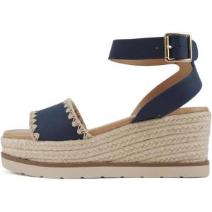 Soda “Laguna” ~ Women Square Toe Stitched Single Band Low Heel Espadrille Wedge Sandal with Adjustable Ankle Strap(Navy Nubuck)