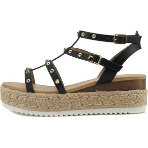 Soda SOMEHOW ~ Women Open Toe Espadrille Wrap Flatform with Round Stud Fisherman Upper Adjustable Buckles Fashion Wedge Sandals(Black)