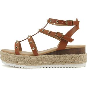 Soda SOMEHOW ~ Women Open Toe Espadrille Wrap Flatform with Round Stud Fisherman Upper Adjustable Buckles Fashion Wedge Sandals(Mid Tan)
