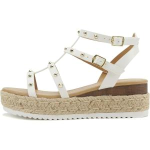 Soda SOMEHOW ~ Women Open Toe Espadrille Wrap Flatform with Round Stud Fisherman Upper Adjustable Buckles Fashion Wedge Sandals(White)