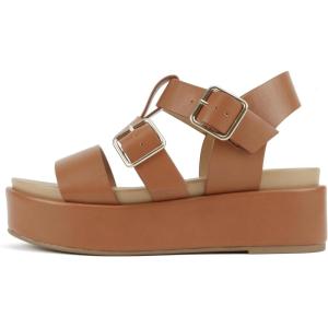 Soda “STELLAR” ~ Women Flatform Multi Strap Double Buckle Open Toe Ankle Strap Platform Wedge Sandals(All Tan Pu)
