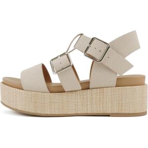 Soda “STELLAR” ~ Women Flatform Multi Strap Double Buckle Open Toe Ankle Strap Platform Wedge Sandals(Nude Cobra)