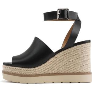 Soda “Stella” ~ Women Square Peep Toe Single Band Platform Espadrille Wedge Sandals with Adjustable Ankle Strap(Black Pu)