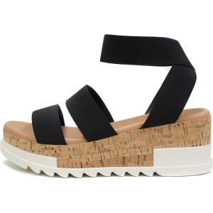 Soda Style Madyson ~ Slip On Open Toe Two Bands Elastic Ankle Strap Flatform Wedge Casual Fashion Sandal with Cork Wrap Bottom(Black)