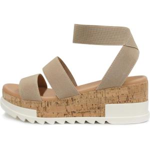 Soda Style Madyson ~ Slip On Open Toe Two Bands Elastic Ankle Strap Flatform Wedge Casual Fashion Sandal with Cork Wrap Bottom(Wheat)