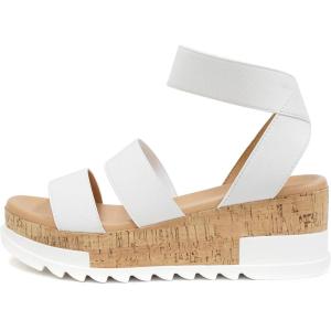 Soda Style Madyson ~ Slip On Open Toe Two Bands Elastic Ankle Strap Flatform Wedge Casual Fashion Sandal with Cork Wrap Bottom(White)