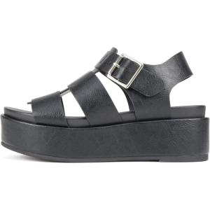 Soda “Bossi ~ Women Round Toe Flatform Fisherman Wedge Sandals with Adjustable Buckle(Black Pu)