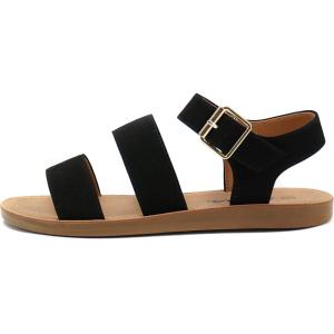Soda COMING ~ Women Casual Open Toe Two Bands with Ankle Strap Fashion Slide Flat Sandal(Black Nubuck)