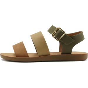 Soda COMING ~ Women Casual Open Toe Two Bands with Ankle Strap Fashion Slide Flat Sandal(Khaki Multi)