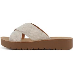 Soda LUCY ~ Women Open Toe Flatform Platform Crisscross Band Upper Fashion Slide Sandals(Beige Canvas/Tan)