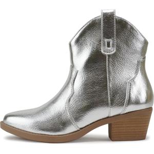 Soda “JORIAH” ~ Women Western Stitched Pointed Toe Low Block Heel Ankle Boot(Silver Metallic Pu)
