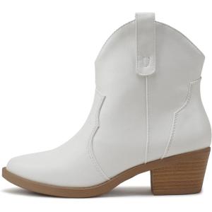 Soda “JORIAH” ~ Women Western Stitched Pointed Toe Low Block Heel Ankle Boot(White Pu)