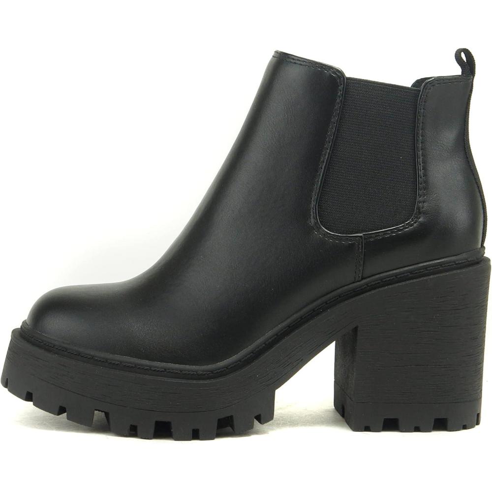imageSoda BLISS  WOMEN LUG SOLE FASHION ANKLE BOOTIE WDOUBLE ELASTIC GOREBlack Pu