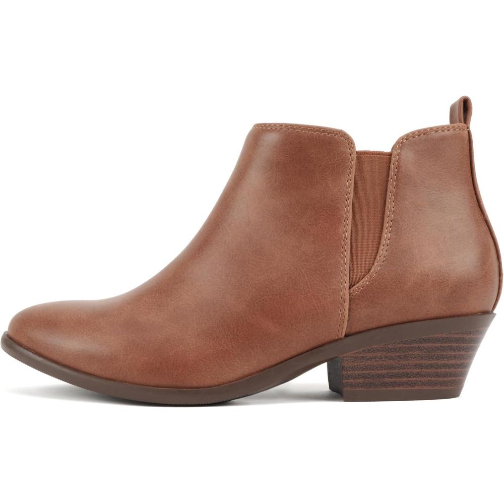 imageSoda CHARMER  Women Pointed Toe Elastic Gore Low Heel Ankle Bootie with Zipper ClosureCognac Pu