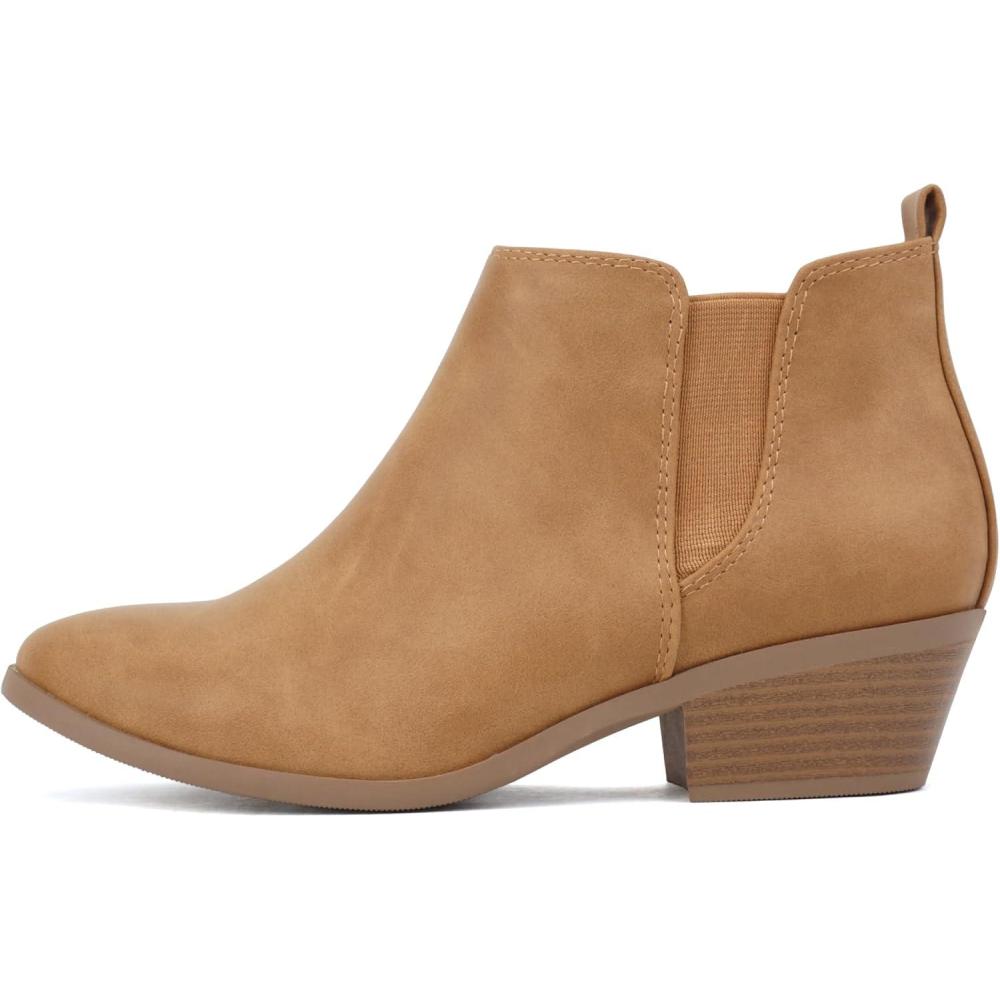 imageSoda CHARMER  Women Pointed Toe Elastic Gore Low Heel Ankle Bootie with Zipper ClosureTan Nubuck