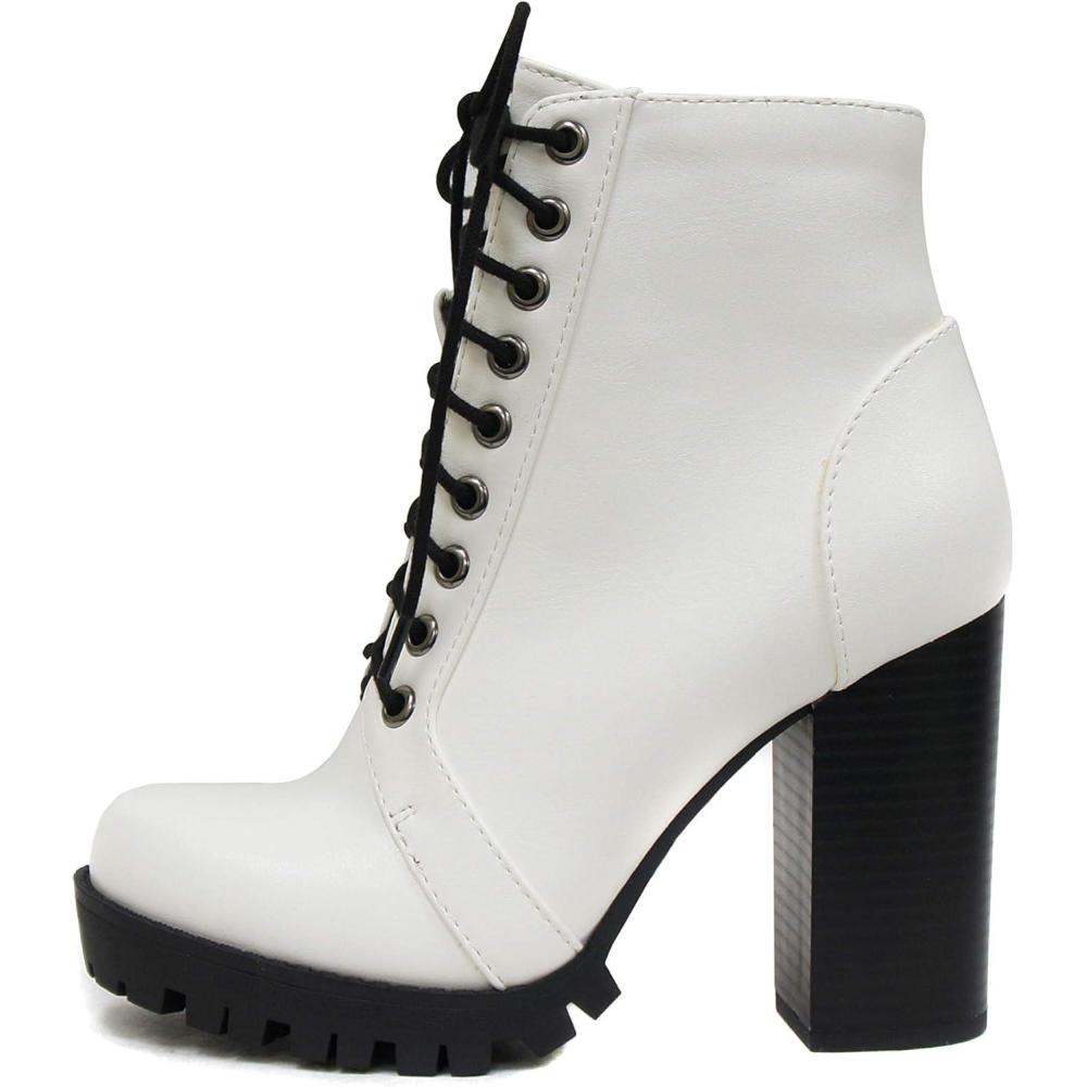 imageSoda Chalet  Fashion Lace up Military Inspired Ankle Boot with Stacked Heel and Side ZipperWhite