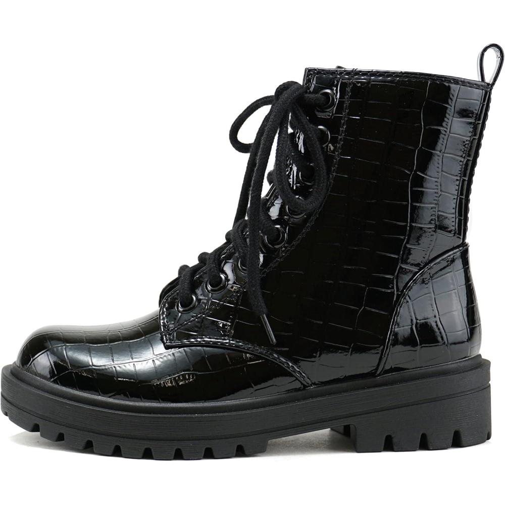 imageSoda FIRM  Lug Sole Combat Ankle Bootie Lace up wSide ZipperBlack Croco Patent