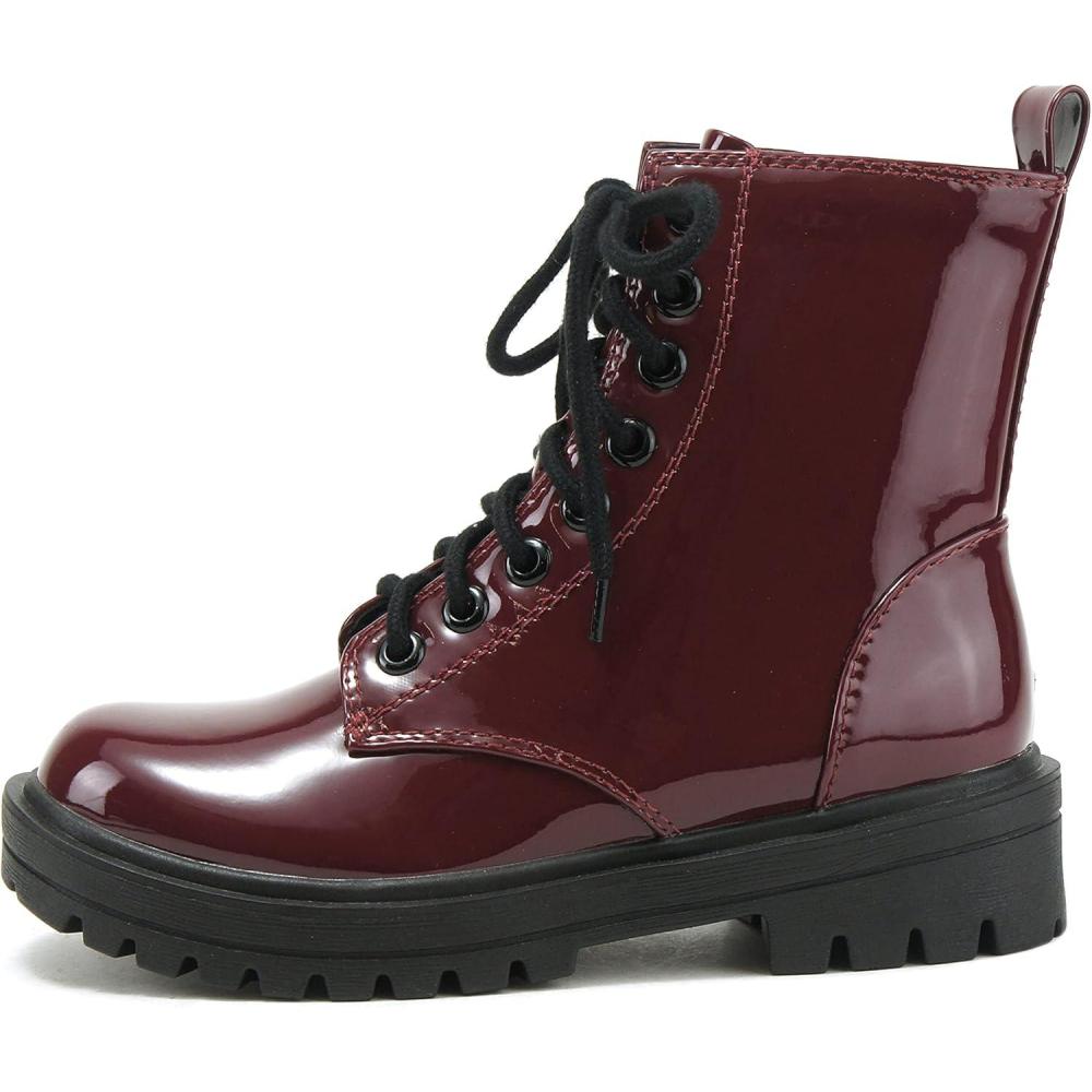 imageSoda FIRM  Lug Sole Combat Ankle Bootie Lace up wSide ZipperBurgundy Patent