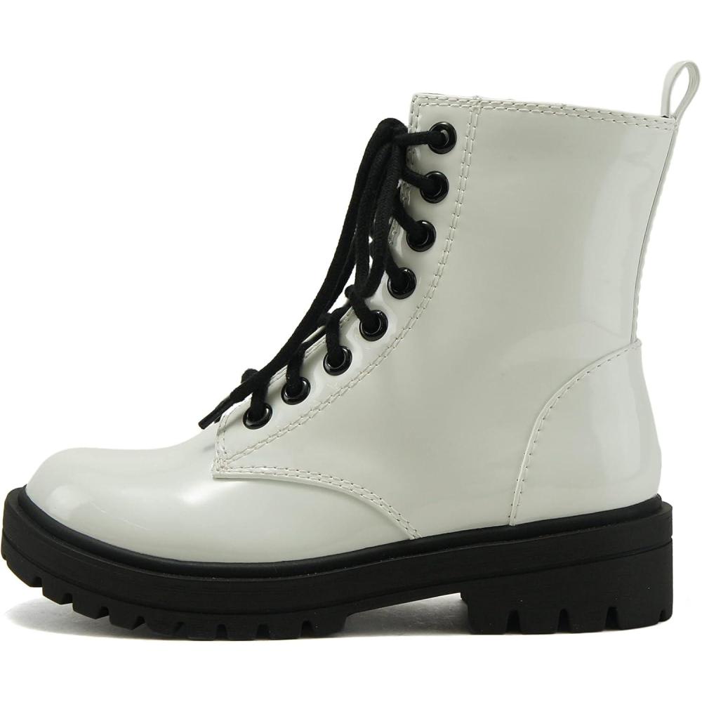 imageSoda FIRM  Lug Sole Combat Ankle Bootie Lace up wSide ZipperWhite Patent