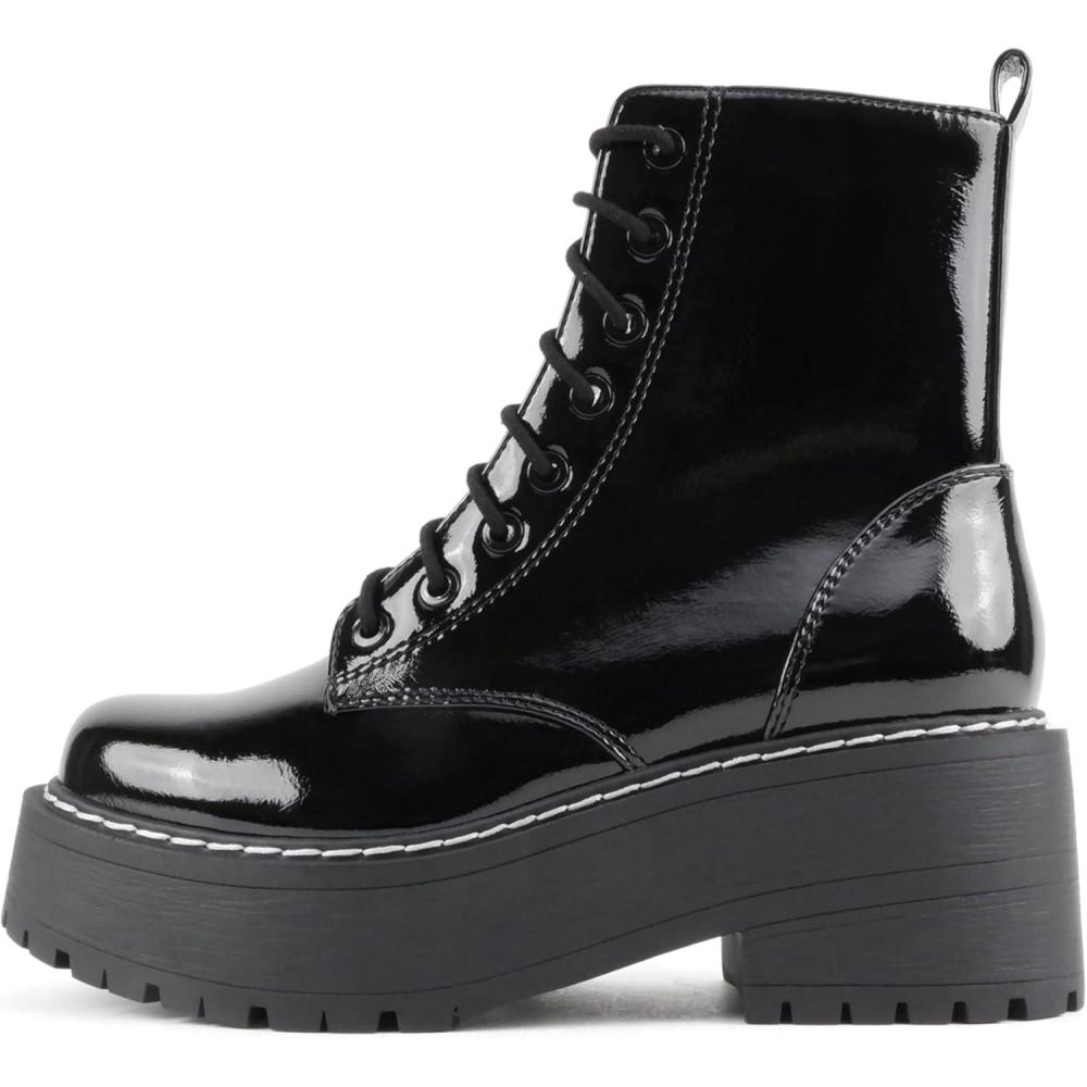 imageSoda FLING Women Chunky Lug Sole Lace up Fashion Combat Ankle Boot wSide ZipperBlack Patent