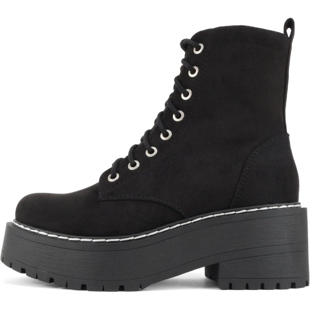 imageSoda FLING Women Chunky Lug Sole Lace up Fashion Combat Ankle Boot wSide ZipperBlack Suede