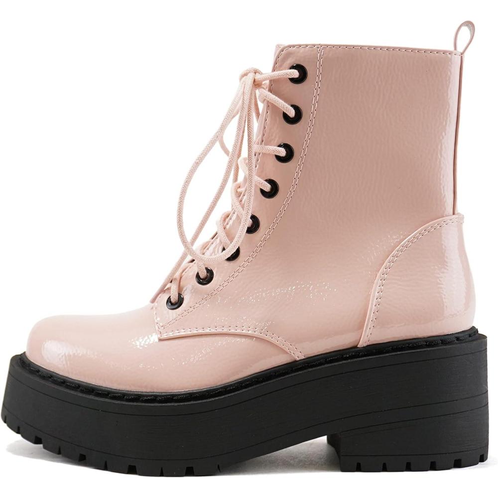imageSoda FLING Women Chunky Lug Sole Lace up Fashion Combat Ankle Boot wSide ZipperBlush Crk Patent